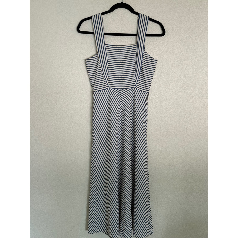 Draper James BlueWhite Striped Seersucker Midi Dress XS Smocked Back Square Neck
